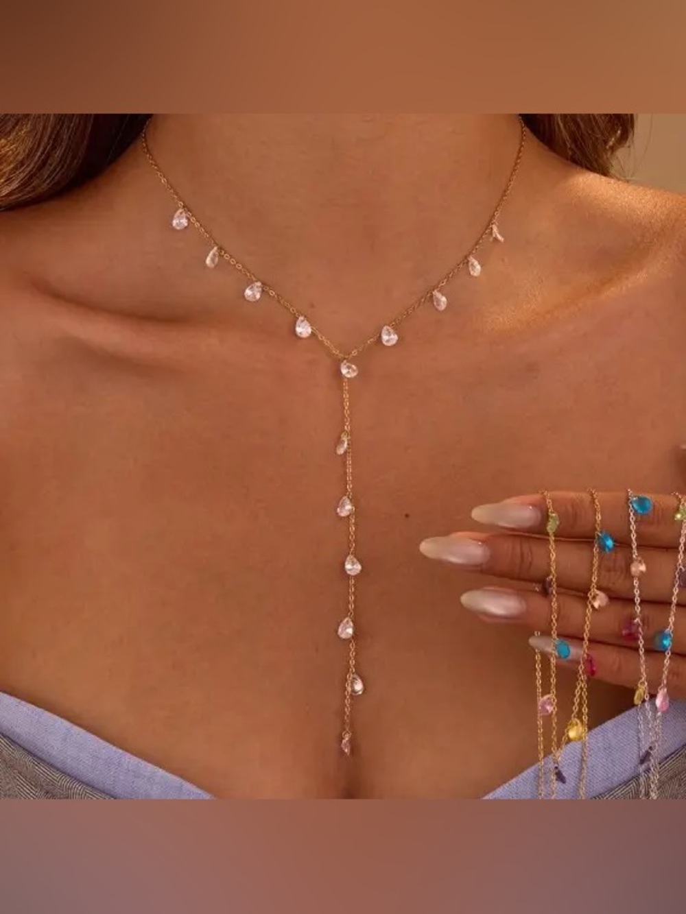 Gold Teardrop Station Y-Necklace - Women Jewelry